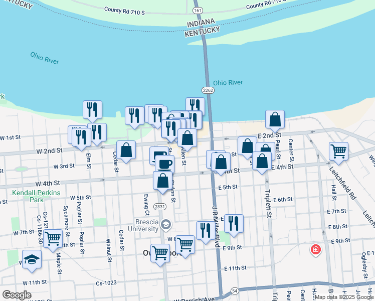 map of restaurants, bars, coffee shops, grocery stores, and more near 217 Allen Street in Owensboro