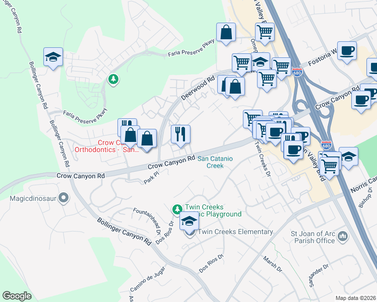 map of restaurants, bars, coffee shops, grocery stores, and more near 444 Constantine Court in San Ramon