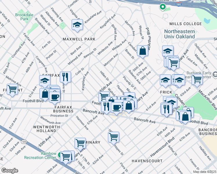 map of restaurants, bars, coffee shops, grocery stores, and more near 2600 55th Avenue in Oakland
