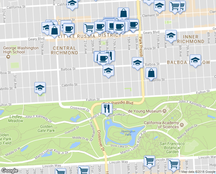 map of restaurants, bars, coffee shops, grocery stores, and more near 725 18th Avenue in San Francisco