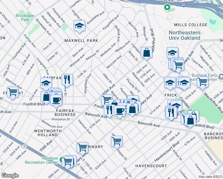 map of restaurants, bars, coffee shops, grocery stores, and more near 2600 55th Avenue in Oakland