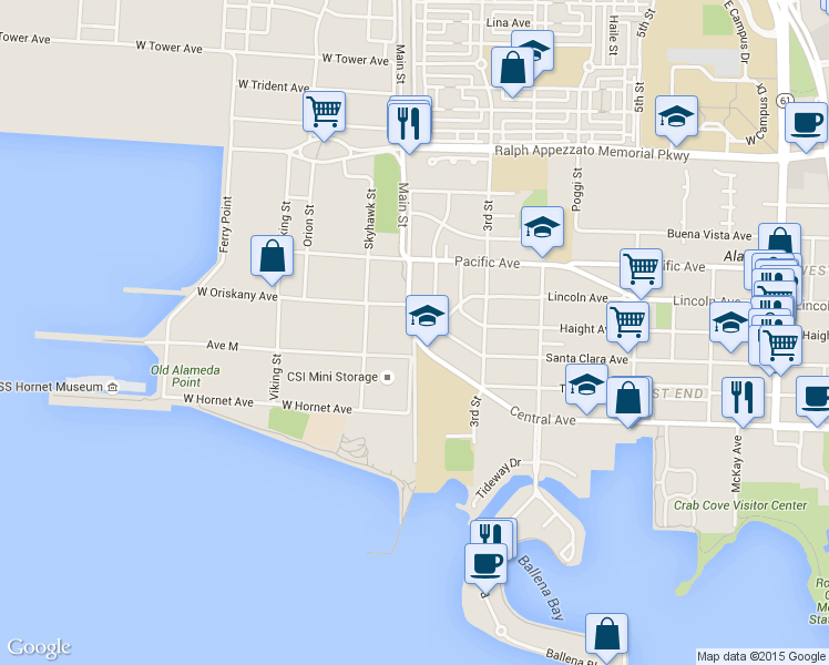 map of restaurants, bars, coffee shops, grocery stores, and more near 155 Central Avenue in Alameda
