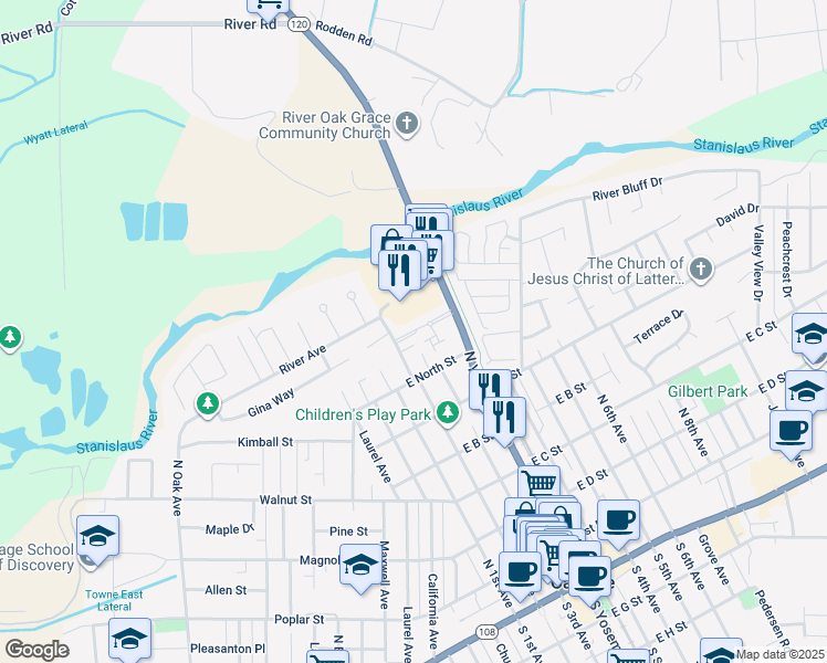 map of restaurants, bars, coffee shops, grocery stores, and more near 202 Meadowlark Lane in Oakdale