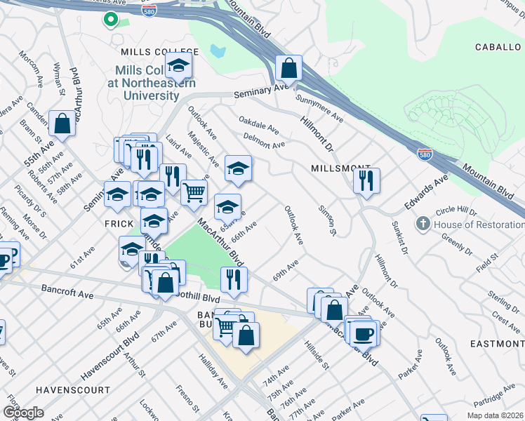 map of restaurants, bars, coffee shops, grocery stores, and more near 3534 65th Avenue in Oakland