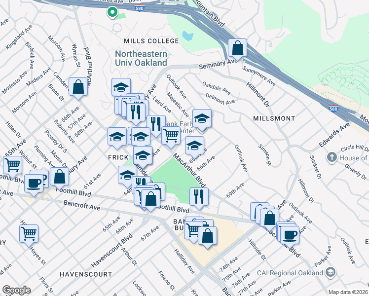 map of restaurants, bars, coffee shops, grocery stores, and more near 6321 Monadnock Way in Oakland