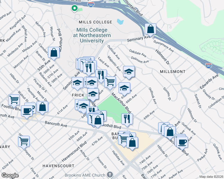 map of restaurants, bars, coffee shops, grocery stores, and more near 6321 Monadnock Way in Oakland