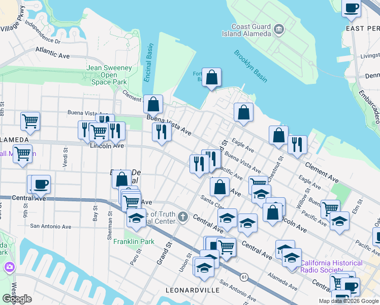 map of restaurants, bars, coffee shops, grocery stores, and more near 1708 Paru Street in Alameda