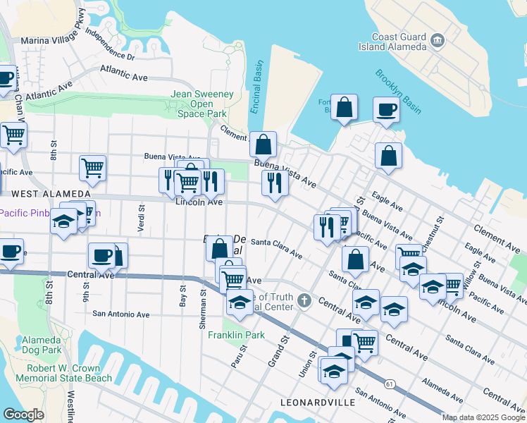 map of restaurants, bars, coffee shops, grocery stores, and more near 1500 Lincoln Avenue in Alameda