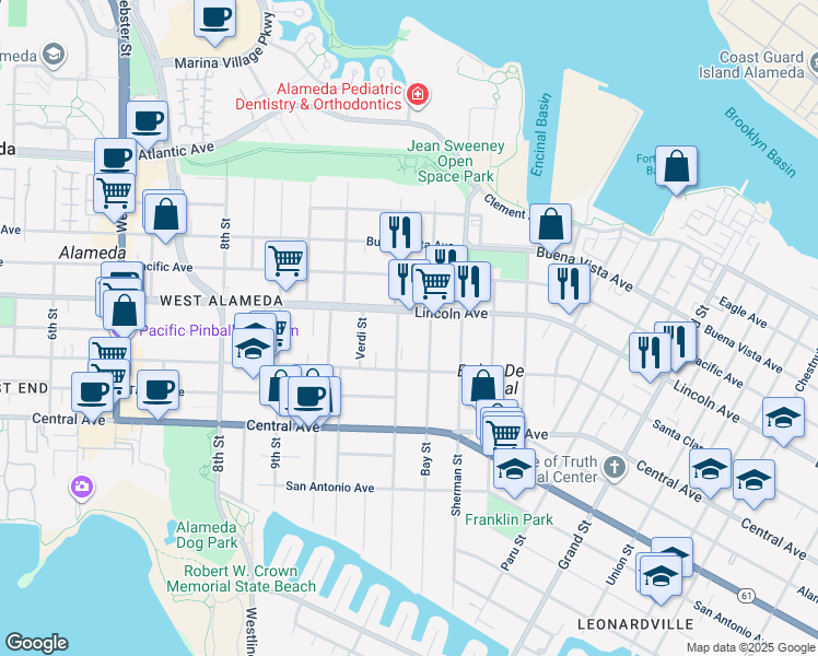 map of restaurants, bars, coffee shops, grocery stores, and more near 1549 Bay Street in Alameda