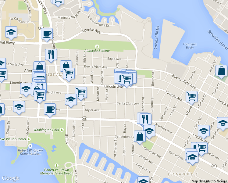 map of restaurants, bars, coffee shops, grocery stores, and more near 1040 Lincoln Avenue in Alameda