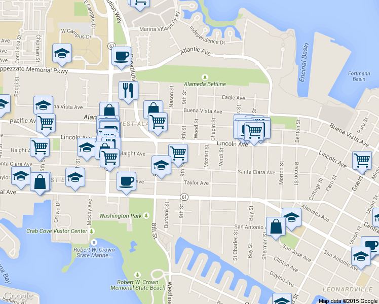 map of restaurants, bars, coffee shops, grocery stores, and more near 2 Mastick Court in Alameda