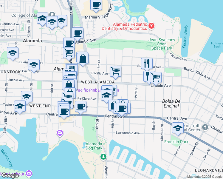 map of restaurants, bars, coffee shops, grocery stores, and more near 833 Haight Avenue in Alameda