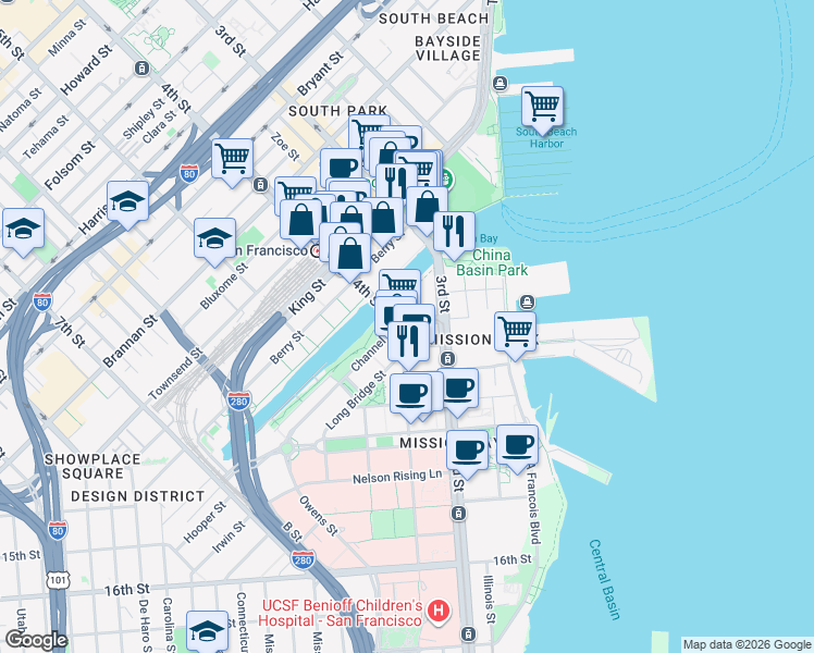 map of restaurants, bars, coffee shops, grocery stores, and more near 112 Channel Street in San Francisco