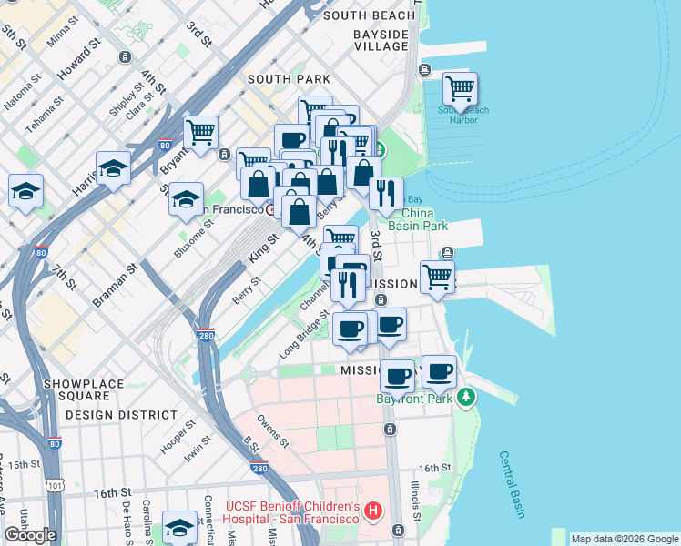map of restaurants, bars, coffee shops, grocery stores, and more near 112 Channel Street in San Francisco