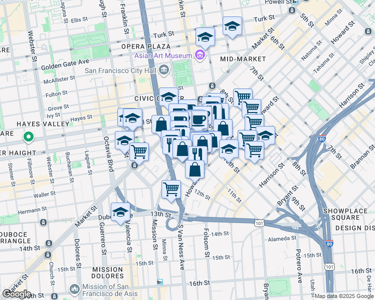 map of restaurants, bars, coffee shops, grocery stores, and more near 1453 Mission Street in San Francisco