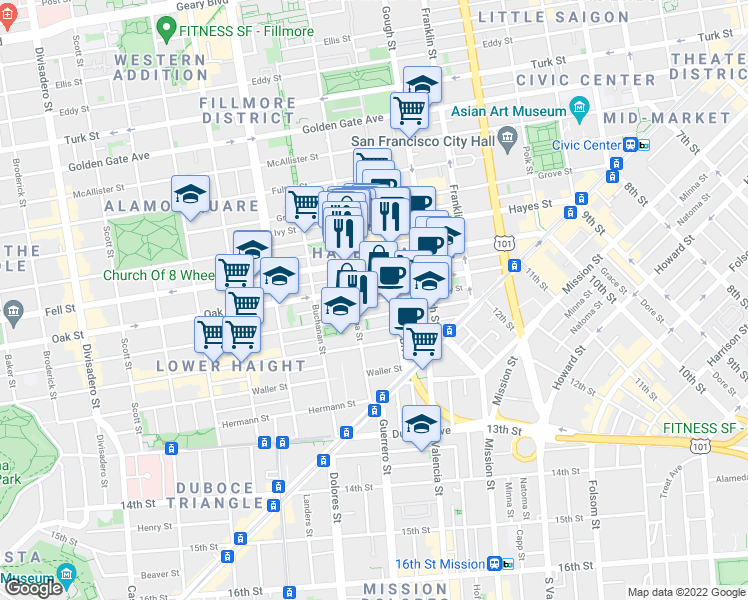 map of restaurants, bars, coffee shops, grocery stores, and more near 383 Oak Street in San Francisco