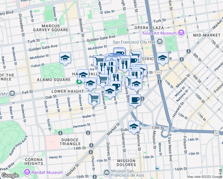 map of restaurants, bars, coffee shops, grocery stores, and more near 383 Oak Street in San Francisco