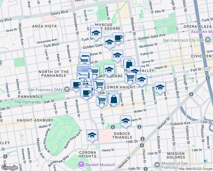 map of restaurants, bars, coffee shops, grocery stores, and more near 1004 Fell Street in San Francisco