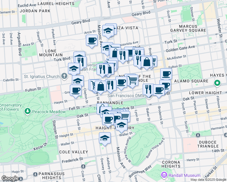 map of restaurants, bars, coffee shops, grocery stores, and more near 521 Central Avenue in San Francisco