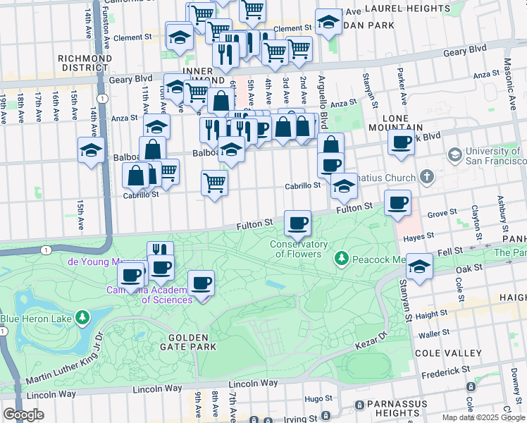 map of restaurants, bars, coffee shops, grocery stores, and more near 765 5th Avenue in San Francisco