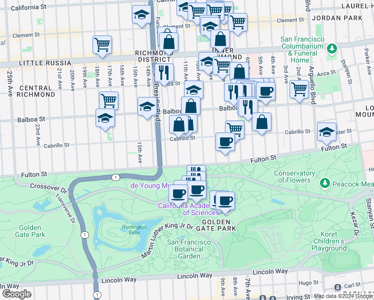 map of restaurants, bars, coffee shops, grocery stores, and more near 730 11th Avenue in San Francisco