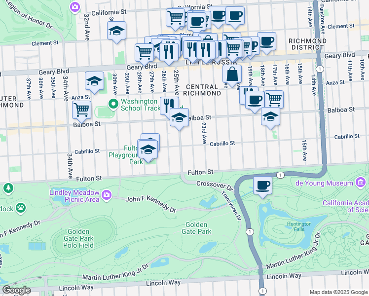 map of restaurants, bars, coffee shops, grocery stores, and more near 2332 Cabrillo Street in San Francisco