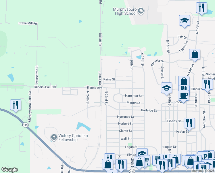 map of restaurants, bars, coffee shops, grocery stores, and more near 819 N 22nd St in Murphysboro