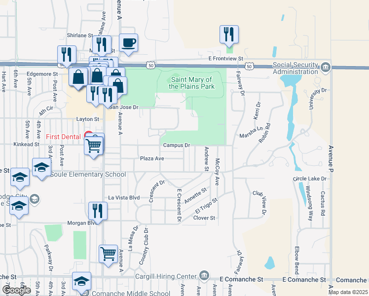 map of restaurants, bars, coffee shops, grocery stores, and more near 2214 Woodrow Avenue in Dodge City