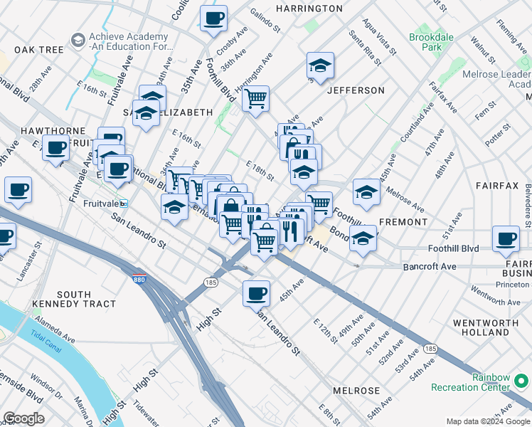 map of restaurants, bars, coffee shops, grocery stores, and more near 1530 41st Avenue in Oakland