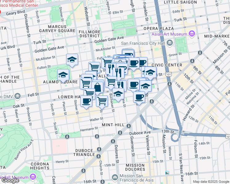map of restaurants, bars, coffee shops, grocery stores, and more near 461 Oak Street in San Francisco