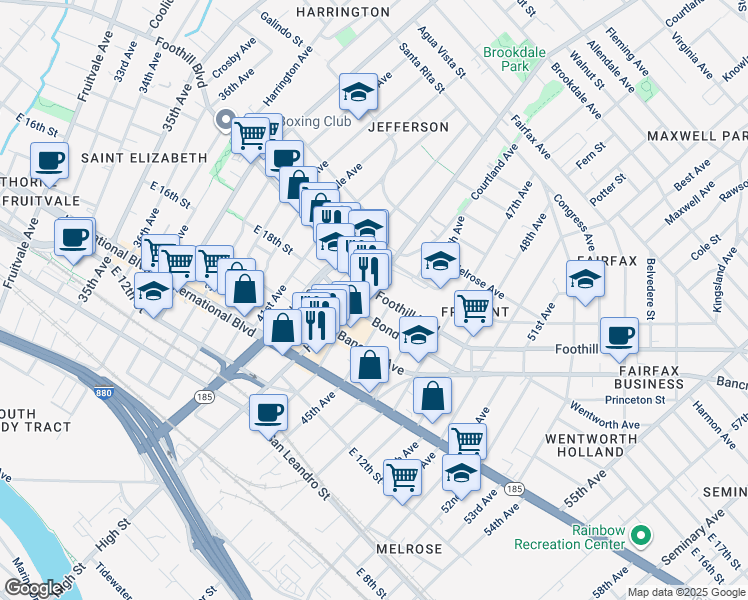 map of restaurants, bars, coffee shops, grocery stores, and more near 4417 Foothill Boulevard in Oakland