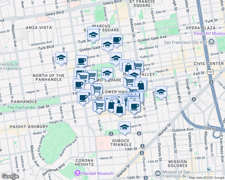 map of restaurants, bars, coffee shops, grocery stores, and more near 949 Fell Street in San Francisco