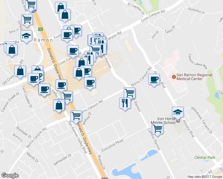 map of restaurants, bars, coffee shops, grocery stores, and more near 4600 Norris Canyon Road in San Ramon