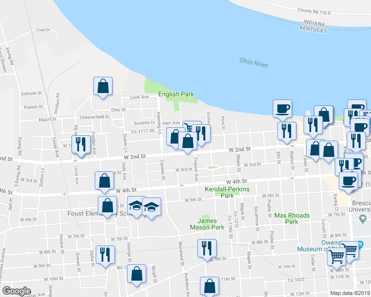 map of restaurants, bars, coffee shops, grocery stores, and more near 113 Woodford Avenue in Owensboro