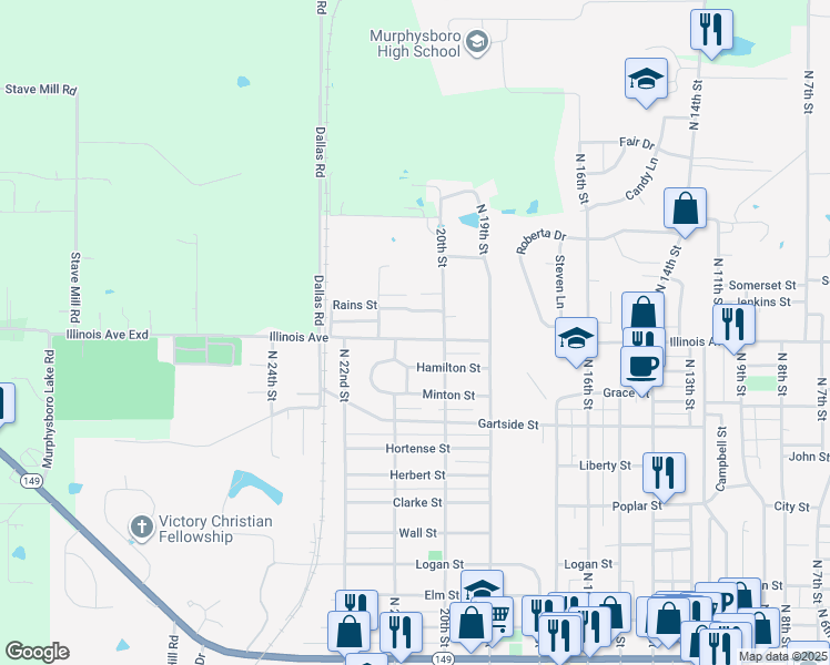 map of restaurants, bars, coffee shops, grocery stores, and more near 2012 Illinois Avenue in Murphysboro