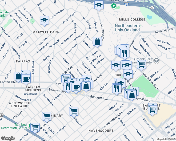 map of restaurants, bars, coffee shops, grocery stores, and more near 5731 Picardy Drive South in Oakland