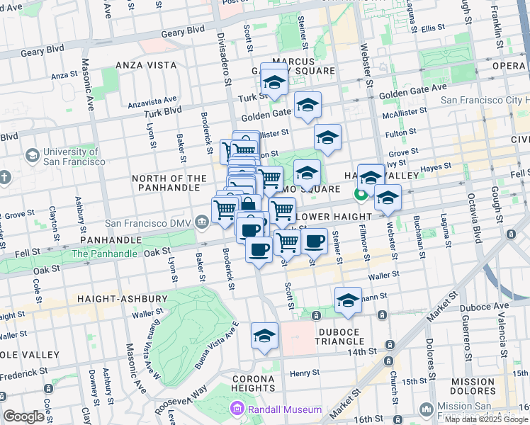 map of restaurants, bars, coffee shops, grocery stores, and more near 1140 Fell Street in San Francisco