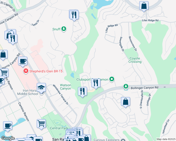 map of restaurants, bars, coffee shops, grocery stores, and more near 725 Watson Canyon Court in San Ramon