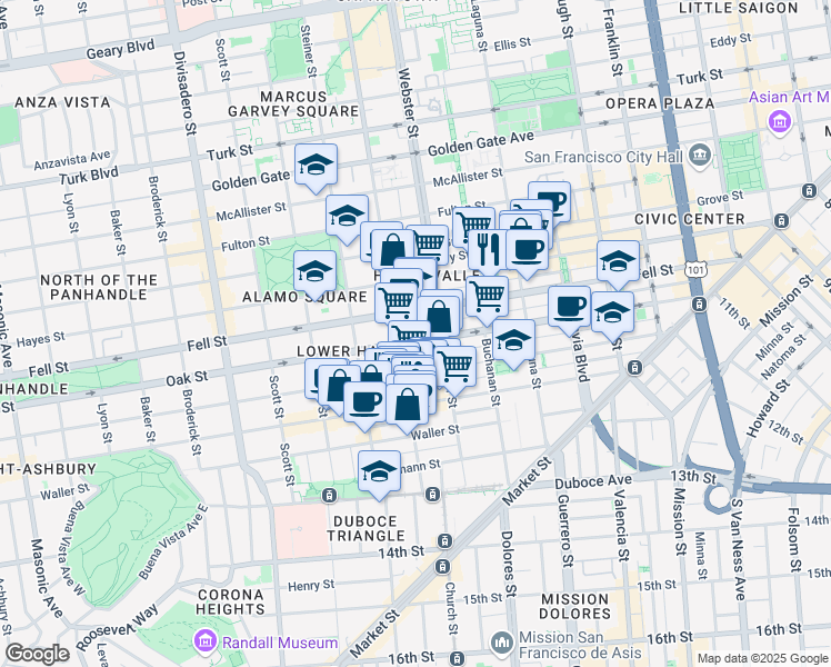 map of restaurants, bars, coffee shops, grocery stores, and more near 638 Oak Street in San Francisco