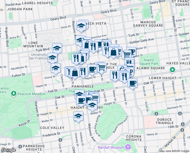 map of restaurants, bars, coffee shops, grocery stores, and more near 1634 Hayes Street in San Francisco