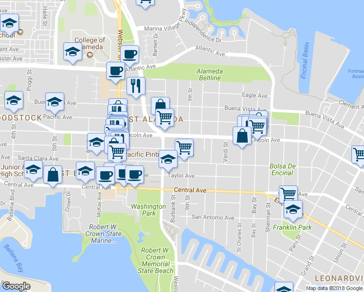 map of restaurants, bars, coffee shops, grocery stores, and more near 833 Haight Avenue in Alameda