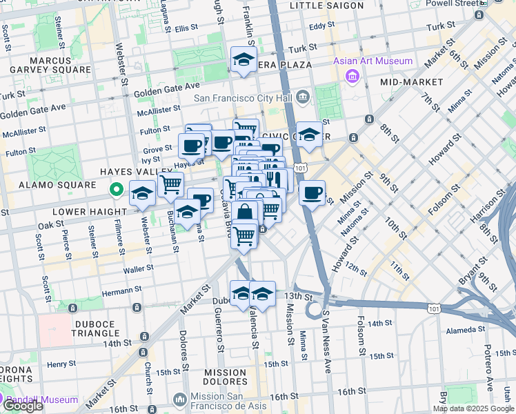map of restaurants, bars, coffee shops, grocery stores, and more near 78 Page Street in San Francisco