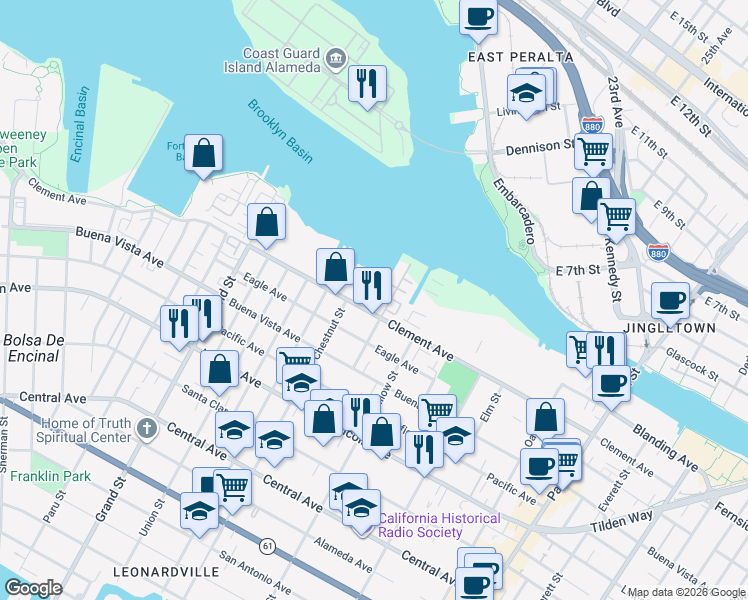 map of restaurants, bars, coffee shops, grocery stores, and more near 2025 Stanford Street in Alameda