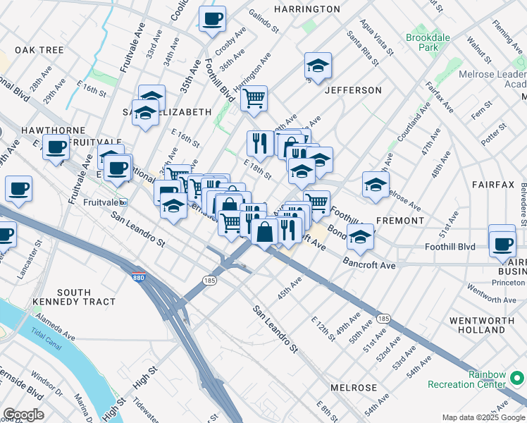 map of restaurants, bars, coffee shops, grocery stores, and more near 1530 41st Avenue in Oakland