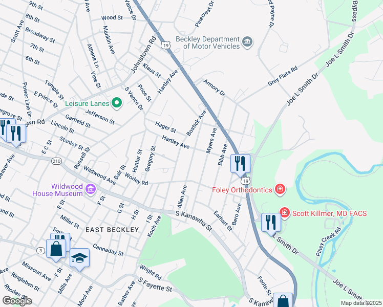 map of restaurants, bars, coffee shops, grocery stores, and more near 228 Allen Avenue in Beckley