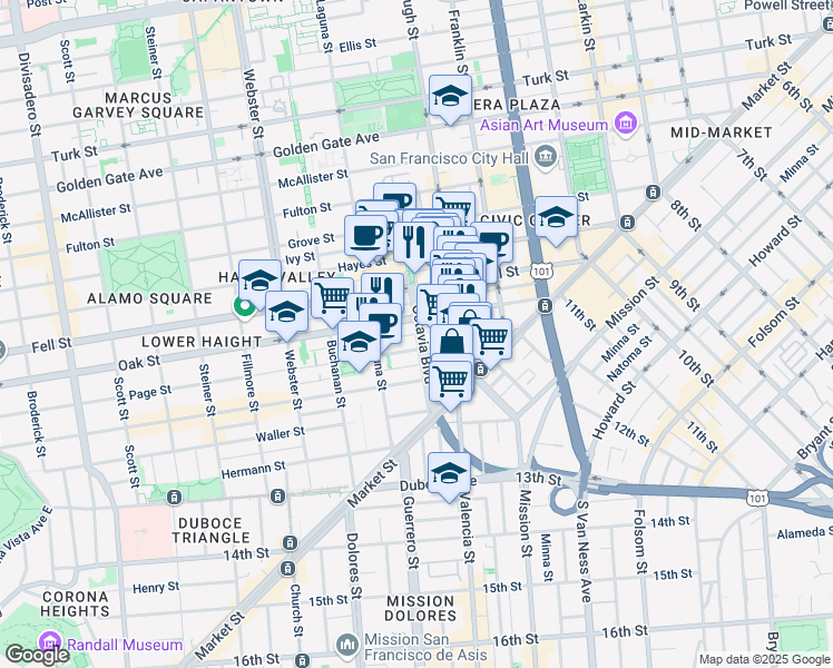 map of restaurants, bars, coffee shops, grocery stores, and more near Octavia Street & Lily Street in San Francisco