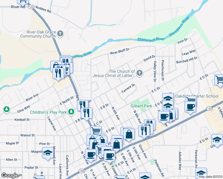map of restaurants, bars, coffee shops, grocery stores, and more near 600 Cloverland Way in Oakdale