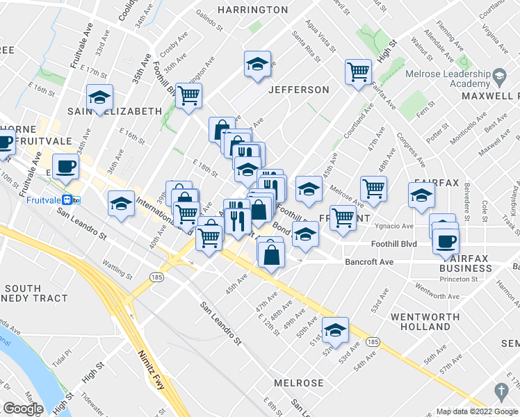 map of restaurants, bars, coffee shops, grocery stores, and more near 1723 High Street in Oakland