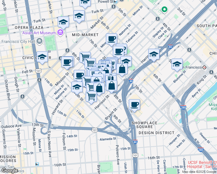 map of restaurants, bars, coffee shops, grocery stores, and more near 1210 Harrison Street in San Francisco