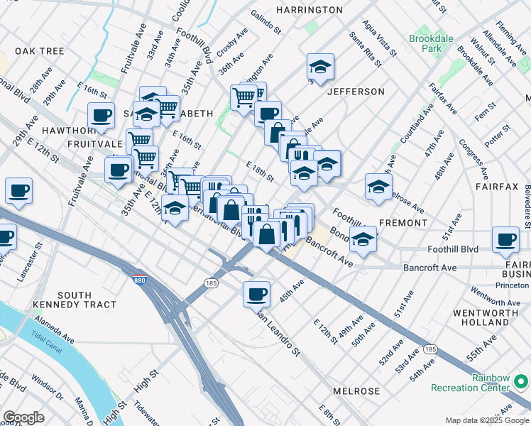 map of restaurants, bars, coffee shops, grocery stores, and more near 1530 41st Avenue in Oakland
